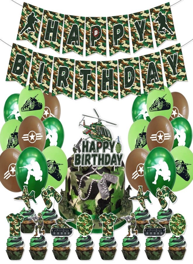 OULUN Army Military Theme Banner Set,Army Soldier Birthday Party Decorations, Camo Hero Theme, Balloons, Banner, Cupcake Toppers Green Camouflage Decorations for Military Soldier Themed Party - Image 1